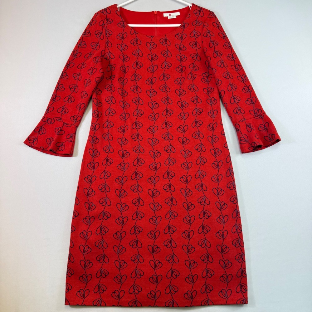 Boden Newlyn Jersey Jacquard Dress Womens 8R Red Heart Floral Bell Sleeve Lined